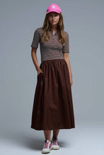 Afbeelding in Gallery-weergave laden, Q2 Free Duties for US & UK - Dress With Polo Striped Top and Poplin midi Skirt in Brown: BROWN / L