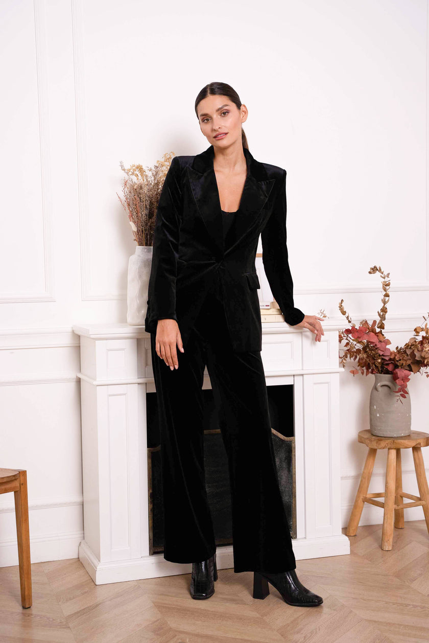 Plus Size Straight Cut Velvet Trousers: Navy Blue