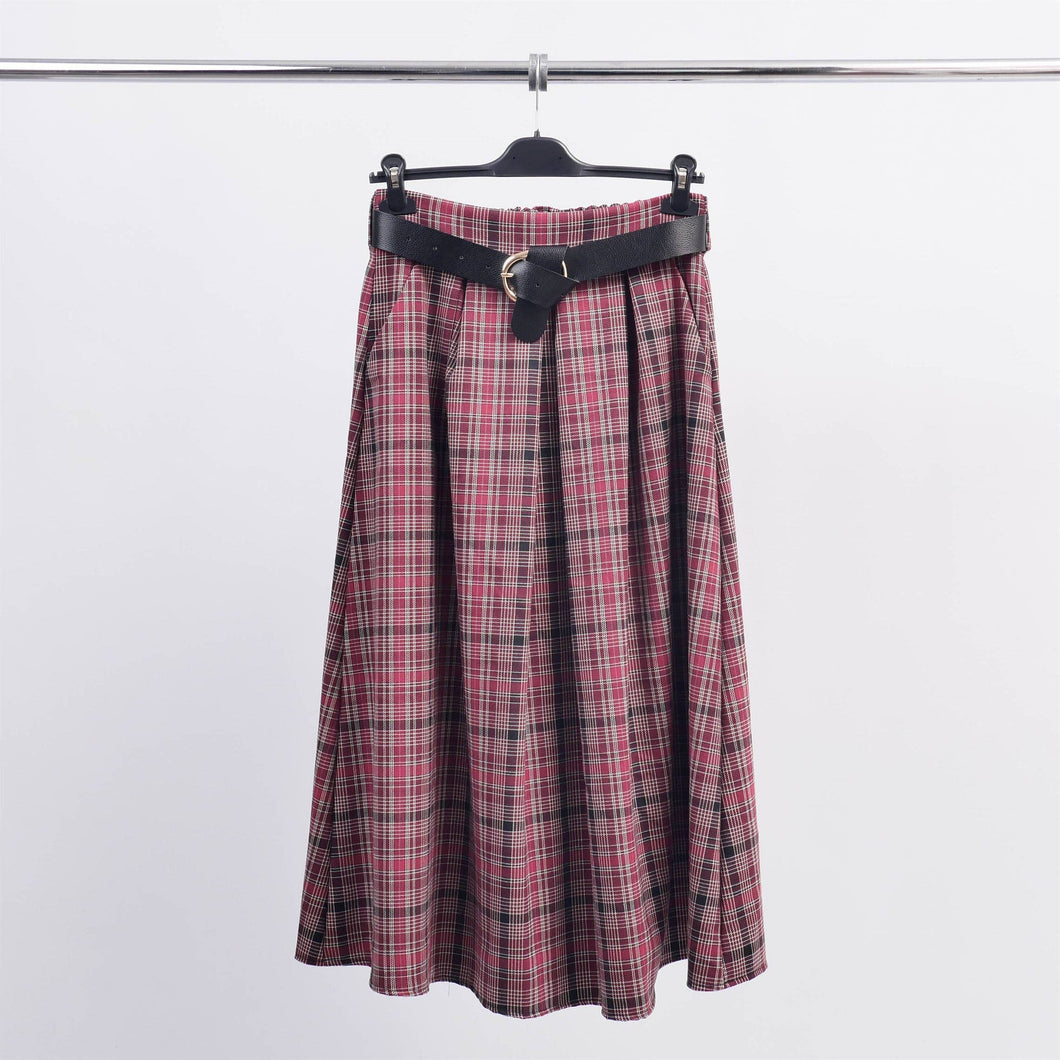 Cecile Wang - Plaid flared skirt with waist belt TDM52123-8: Bordeaux