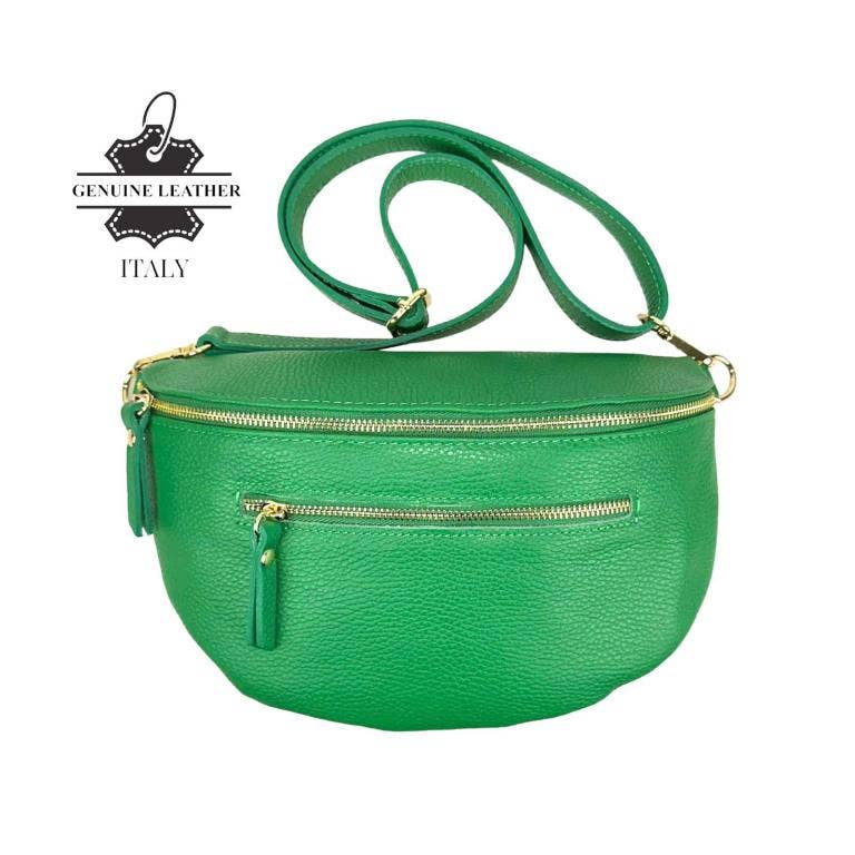 Chenson & Gorett - Large Italian Leather Women's Waist Bag with Front Pocket: Green