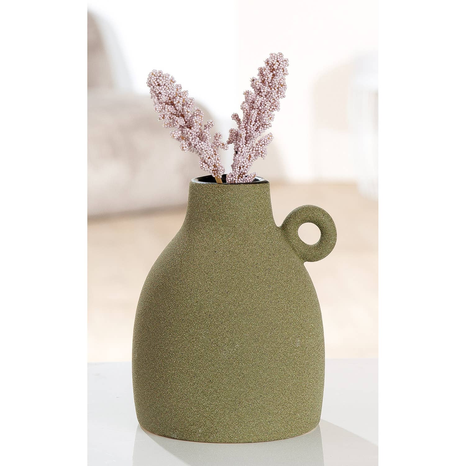 Gilde Handwerk Macrander GmbH & Co. KG - Tombos handle vase, green h.17 cm: Watertight / Verdure / Pottery