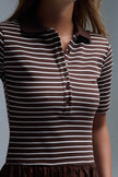 Q2 Free Duties for US & UK - Dress With Polo Striped Top and Poplin midi Skirt in Brown: BROWN / L