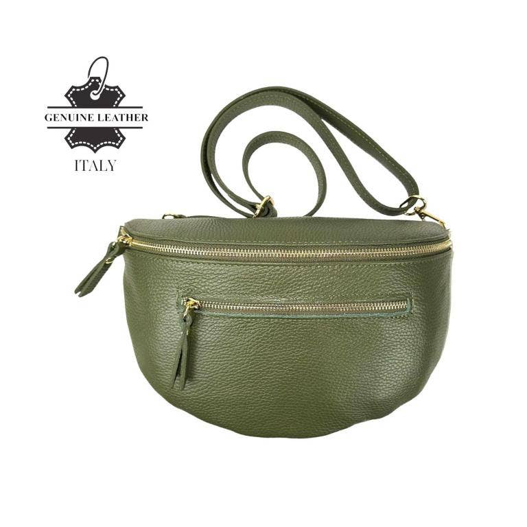 Chenson & Gorett - Large Italian Leather Women's Waist Bag with Front Pocket: Army Green