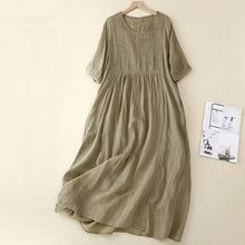 Afbeelding in Gallery-weergave laden, UZ Wholesale Store - Retro V-Neck Short Sleeves Casual Loose Ramie Cotton Long Dress: KHAKI
