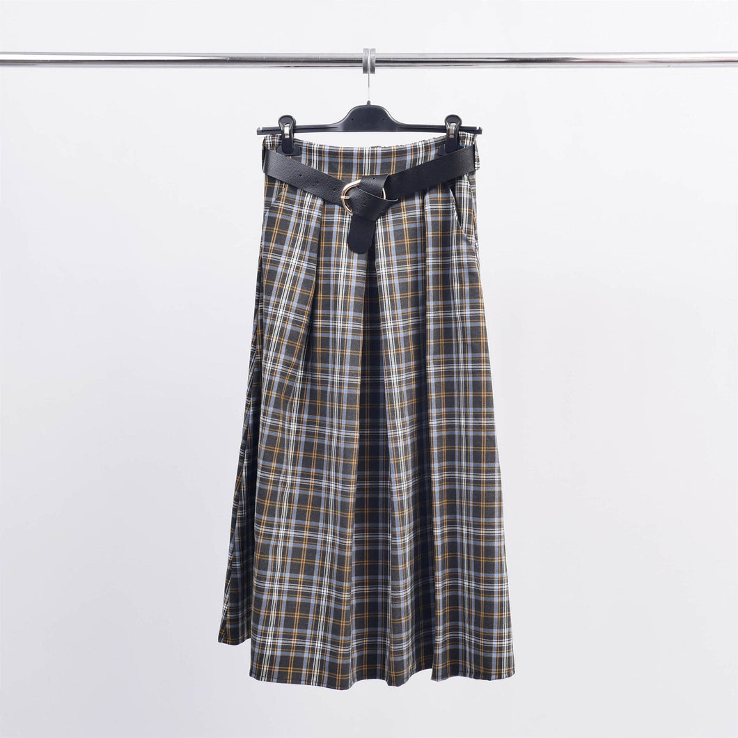 Cecile Wang - Plaid flared skirt with waist belt TDM52123-8: Blue