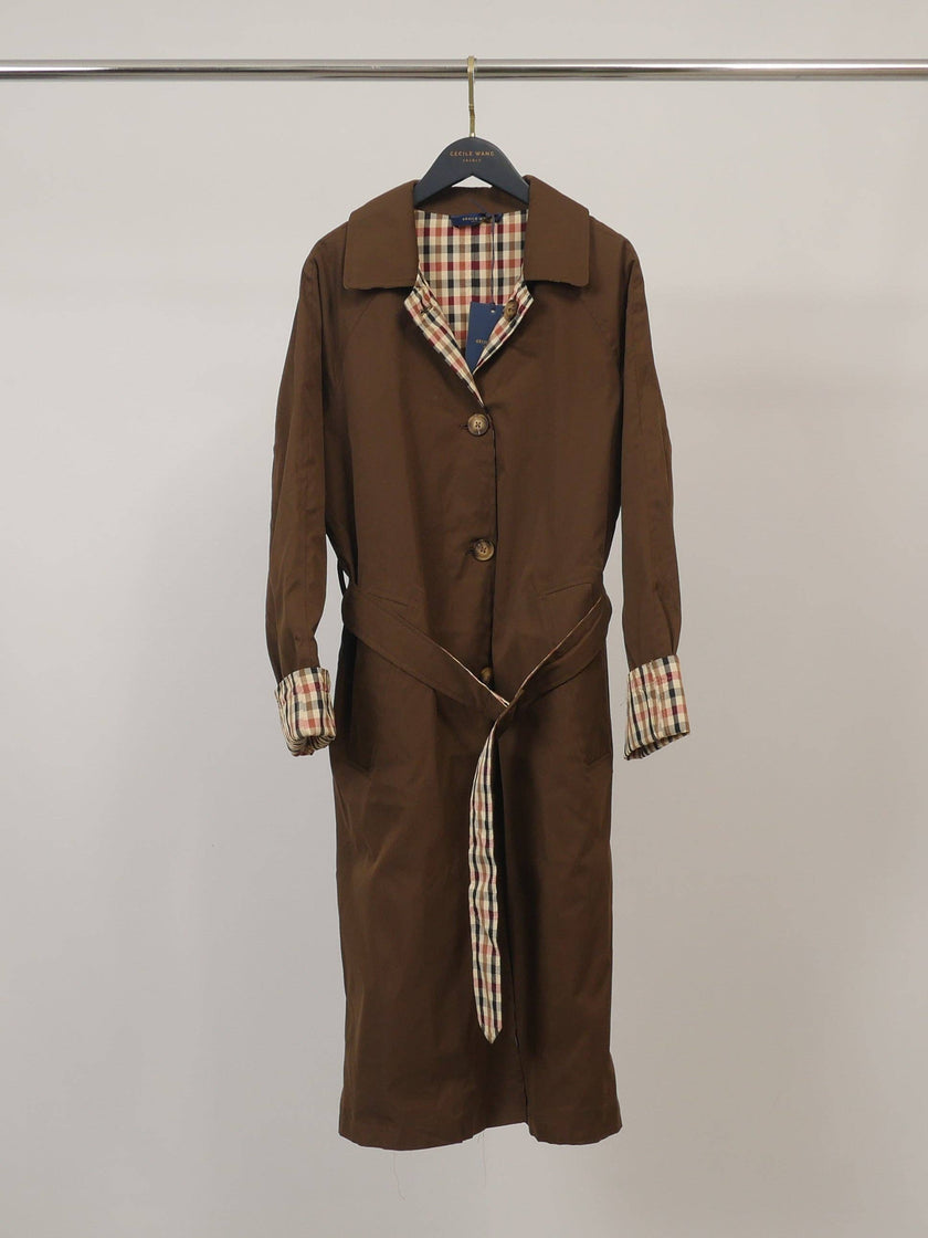 Cécile Wang - Belted trench coat with lapels and checked details CVASH5007: CAMEL