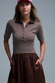 Q2 Free Duties for US & UK - Dress With Polo Striped Top and Poplin midi Skirt in Brown: BROWN / S