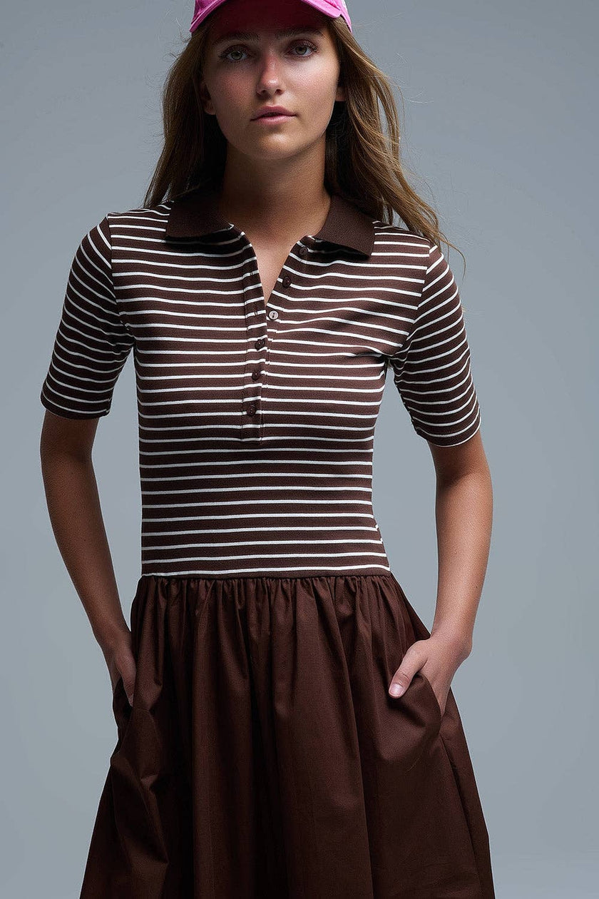 Q2 Free Duties for US & UK - Dress With Polo Striped Top and Poplin midi Skirt in Brown: BROWN / S