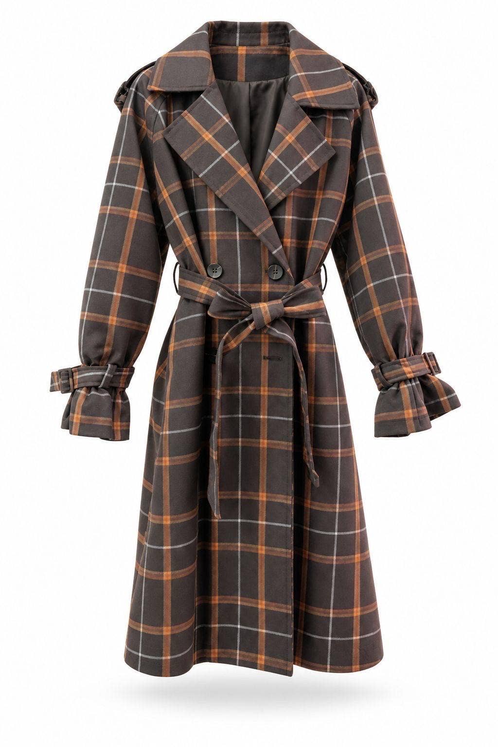 SWEET MAGIC MODA Y COMPLEMENTOS - Brown and gray tartan check coat with belt