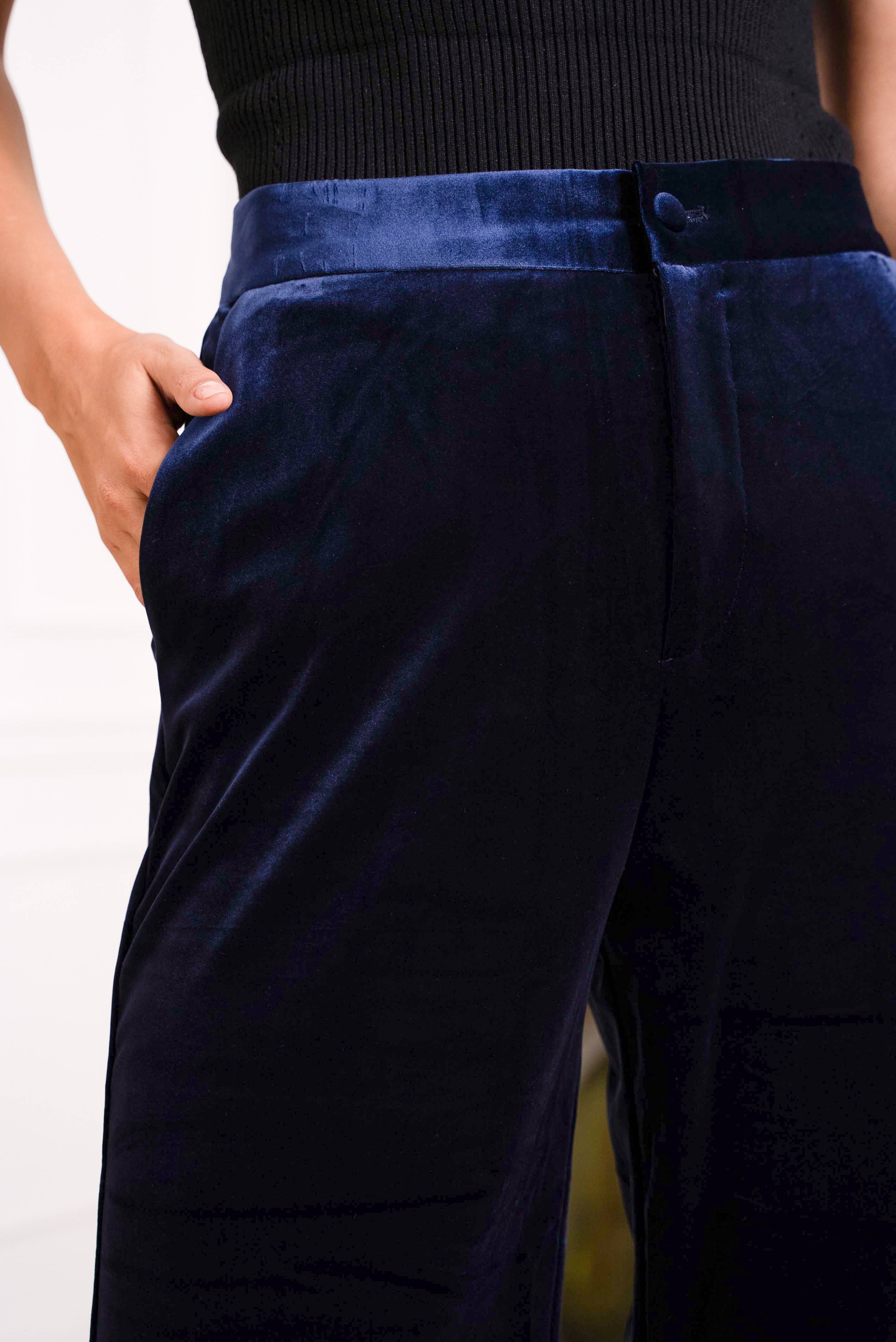 Plus Size Straight Cut Velvet Trousers: Navy Blue
