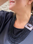Bijondo - Glass and Wood Bead Necklace with Clasp, costume jewelry: Beige