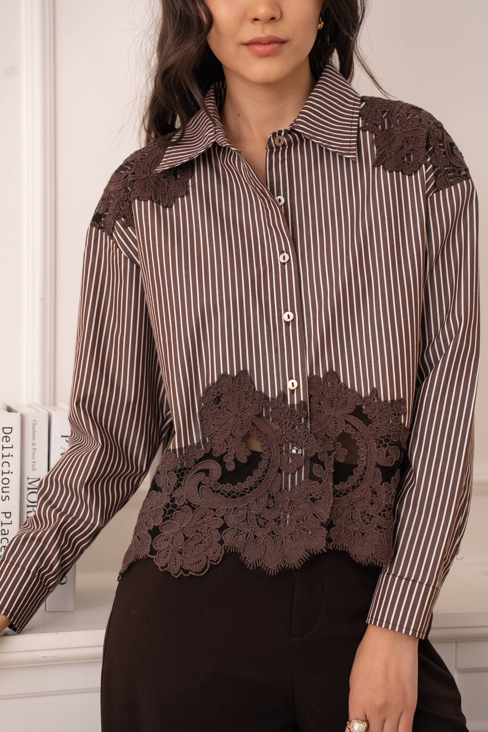 CHOKLATE PARIS - Cotton shirt with lace inserts - CK08340: Prune / 2 S/M - 2 M/L