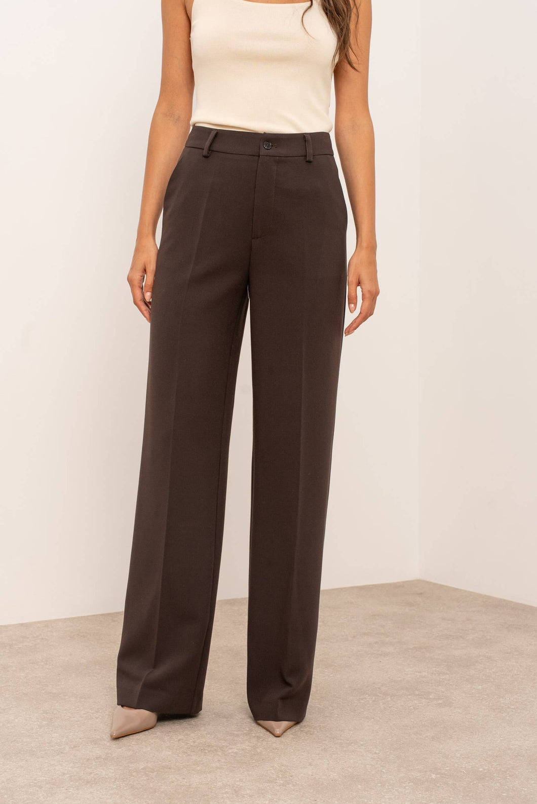 Attentif Paris - [Aura] Wide high-waisted tailored long pants: Brown / Sx1 Mx1 Lx1 XLx1