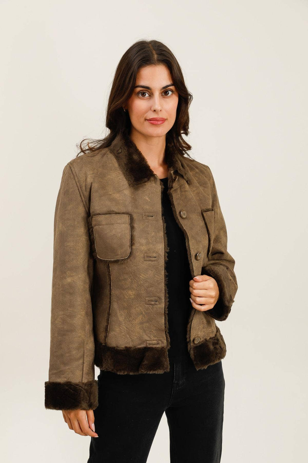 CHOKLATE PARIS - Suede leather & faux fur coat - 89A123: Choco / 1S-2M-2L-1XL