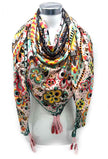 LINETA - Large square tassel scarf 46735-26: Blue
