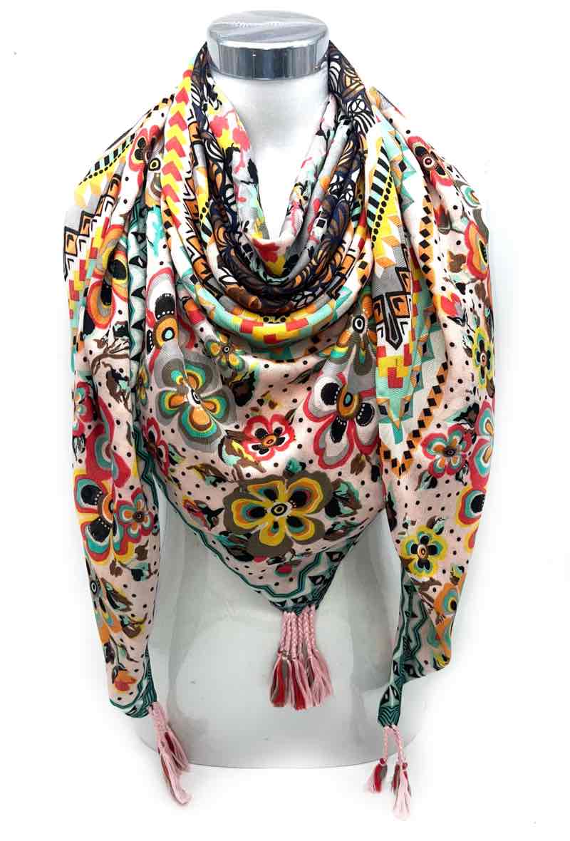 LINETA - Large square tassel scarf 46735-26: Blue