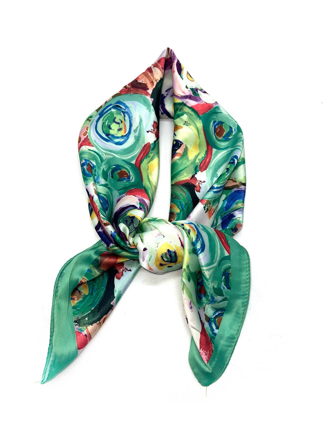 LINETA - Small square scarf with painting pattern: Green