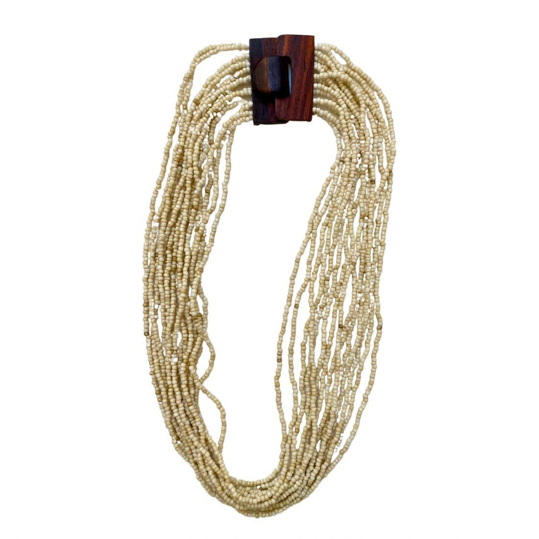 Bijondo - Glass and Wood Bead Necklace with Clasp, costume jewelry: Beige
