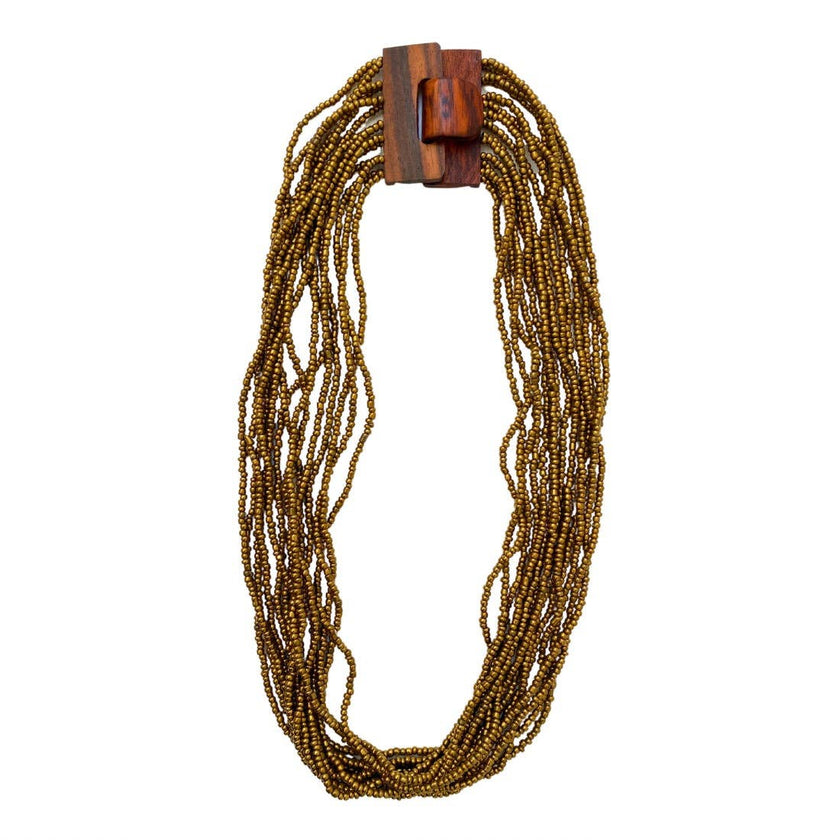 Bijondo - Glass and Wood Bead Necklace with Clasp, costume jewelry: Beige