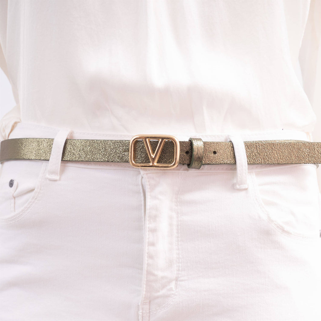 Cecile Wang - Iridescent leather belt with gold buckle BK0092: Khaki