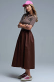 Q2 Free Duties for US & UK - Dress With Polo Striped Top and Poplin midi Skirt in Brown: BROWN / S