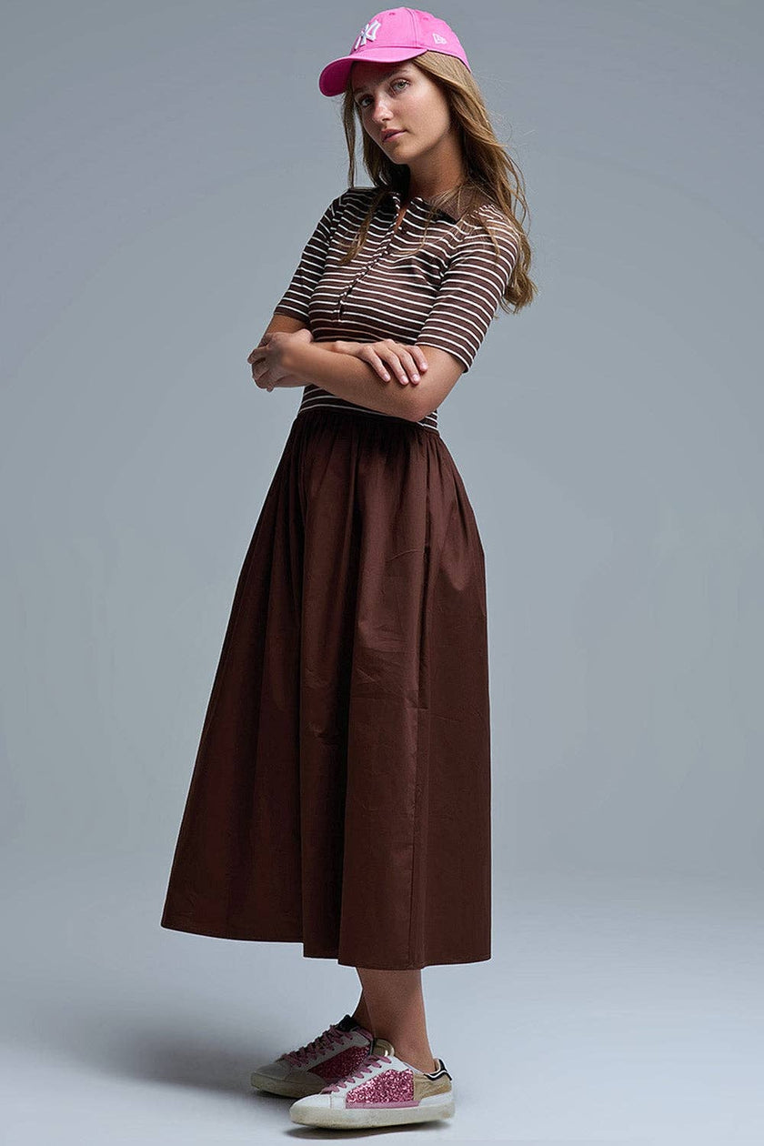 Q2 Free Duties for US & UK - Dress With Polo Striped Top and Poplin midi Skirt in Brown: BROWN / L