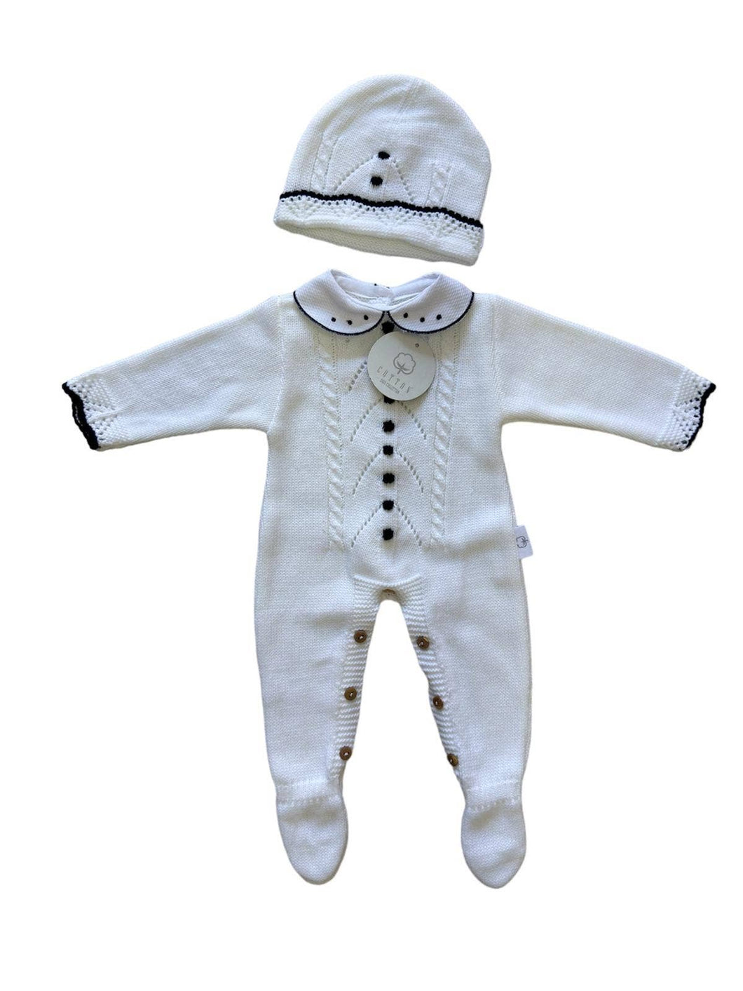 Cotton Socks - CT108 TRICOT JUMPSUIT SET W/ HAT AUTUMN/WINTER: White/Navy / 1/3 Months