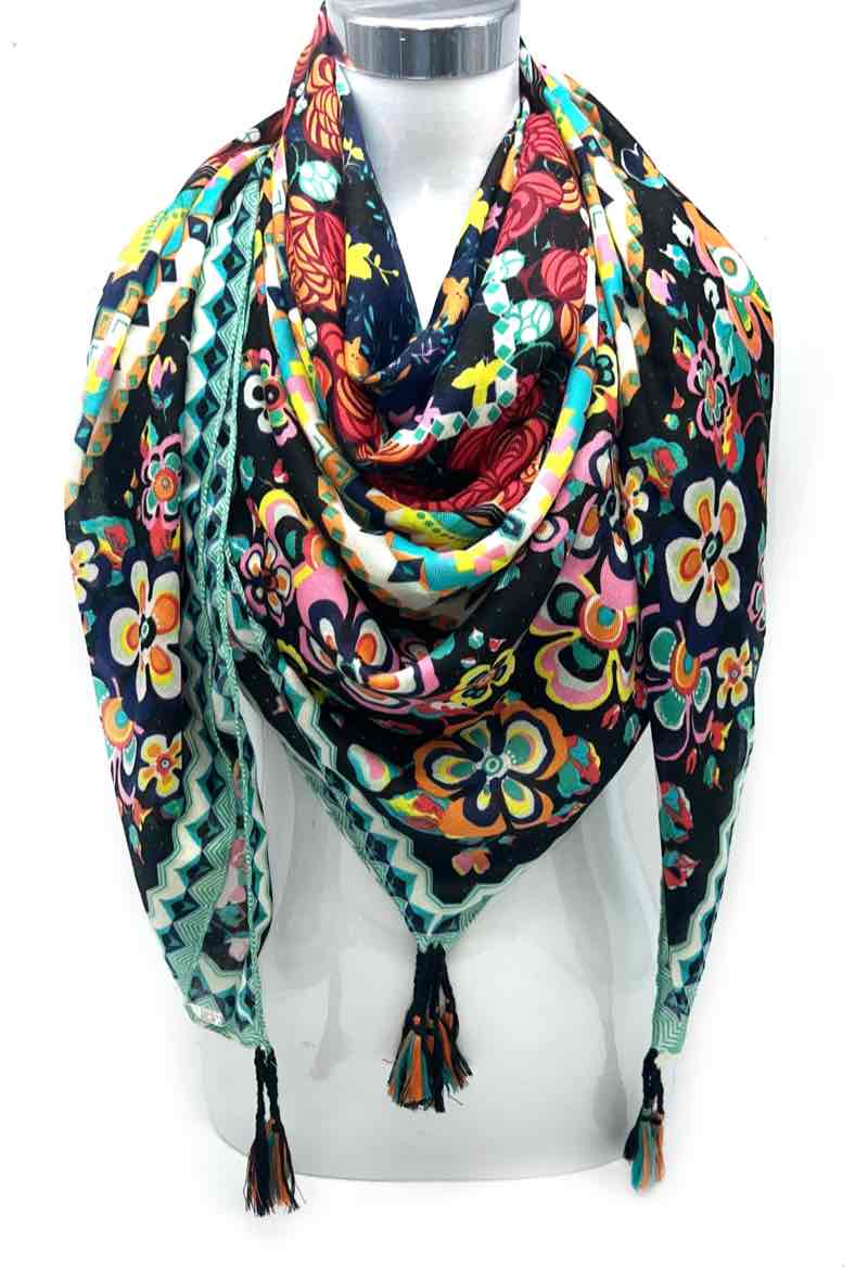 LINETA - Large square tassel scarf 46735-26: Blue
