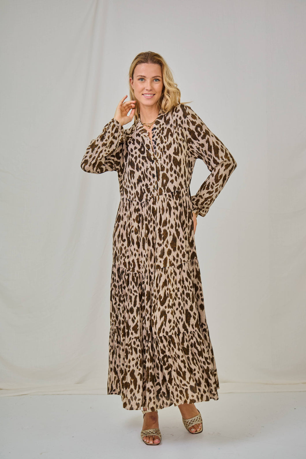 last queen - Leopard print long dress, flared cut with gathers.: BROWN / Printed / S-M-L