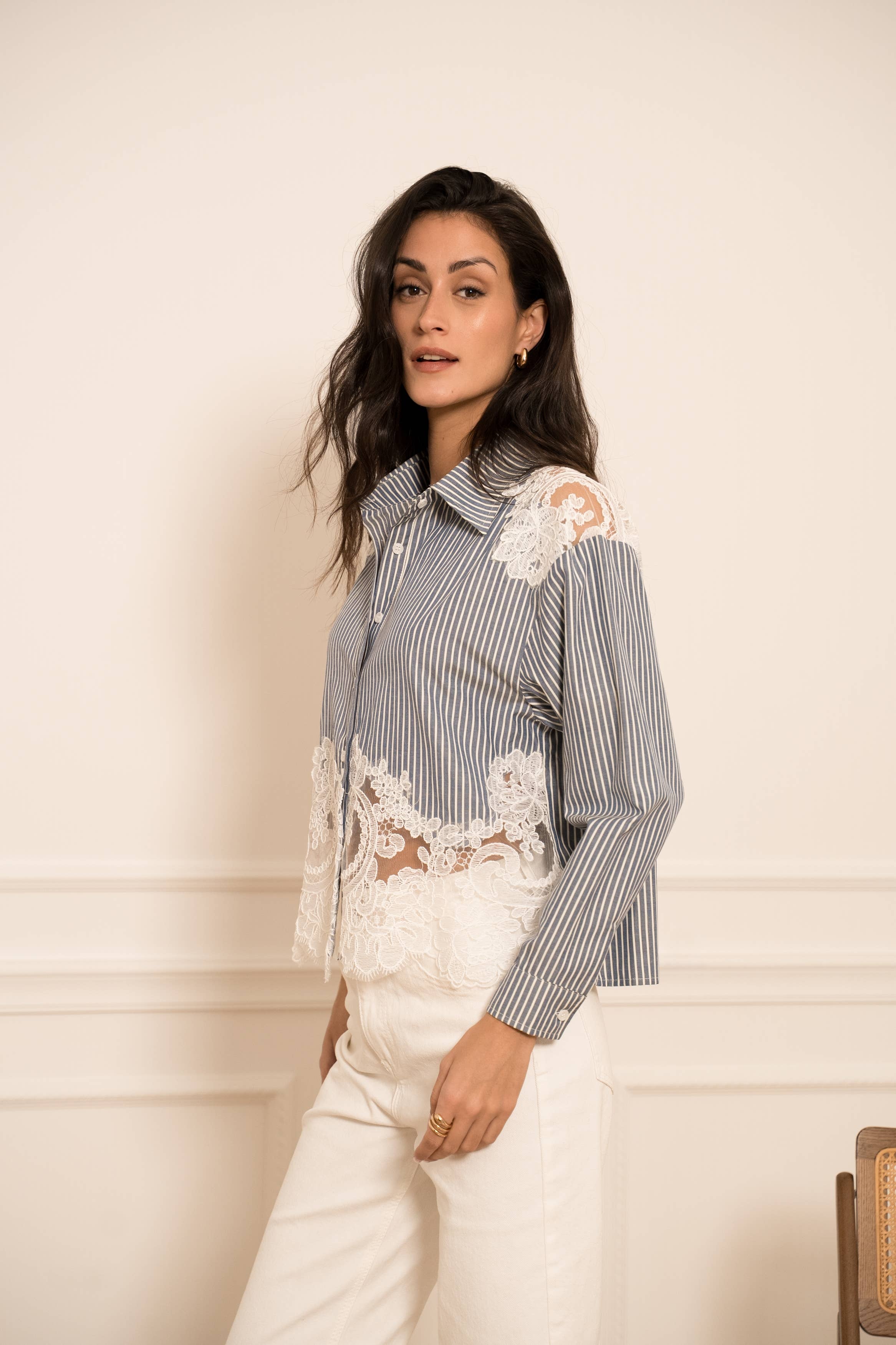 CHOKLATE PARIS - Cotton shirt with lace inserts - CK08340: Prune / 2 S/M - 2 M/L