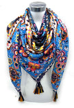 LINETA - Large square tassel scarf 46735-26: Blue