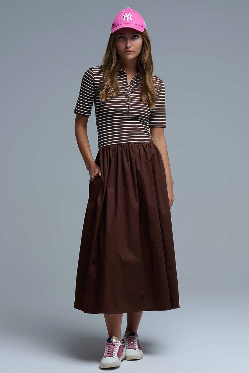 Q2 Free Duties for US & UK - Dress With Polo Striped Top and Poplin midi Skirt in Brown: BROWN / S