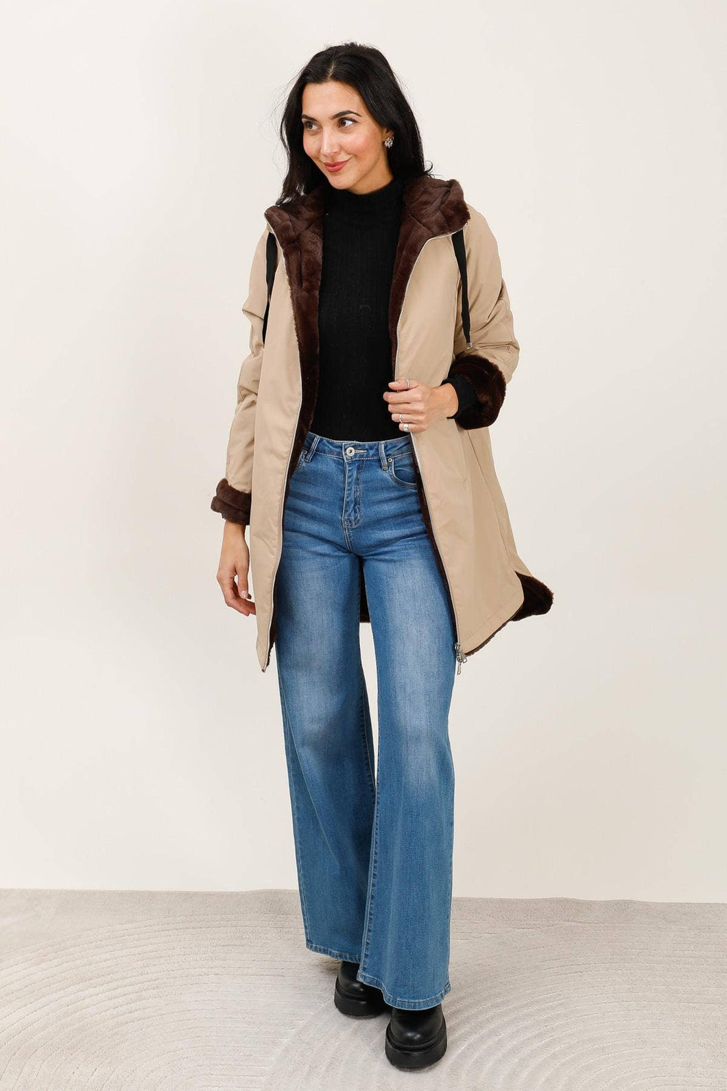 Attrait Paris - Long hooded parka, reversible fur (Copy): Beige