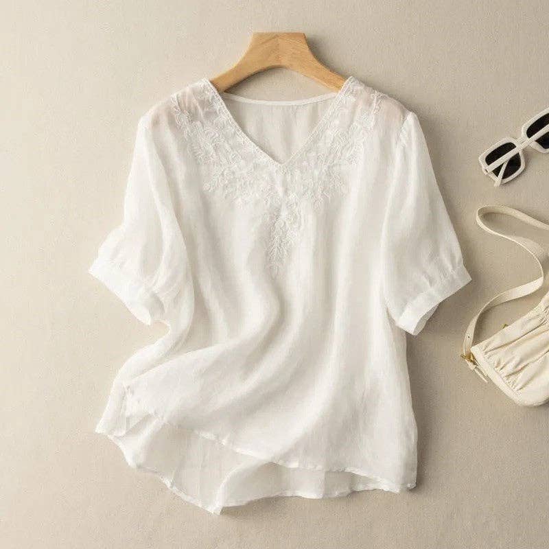 UZ Wholesale Store - Loose And Skinny Cotton Linen Short-Sleeved T-Shirt: WHITE