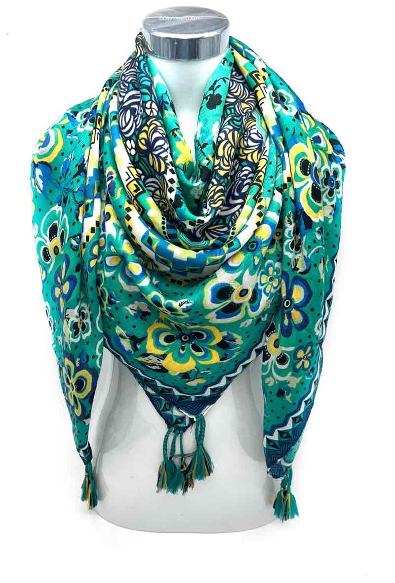 LINETA - Large square tassel scarf 46735-26: Water green