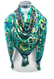 LINETA - Large square tassel scarf 46735-26: Blue