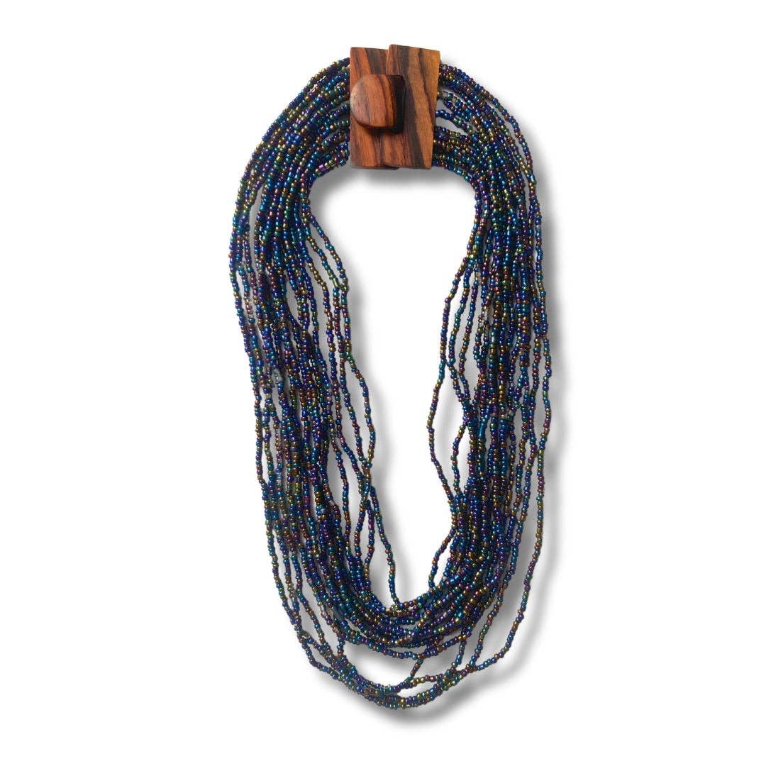 Bijondo - Glass and Wood Bead Necklace with Clasp, costume jewelry: Beige