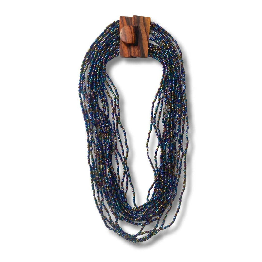 Bijondo - Glass and Wood Bead Necklace with Clasp, costume jewelry: Beige