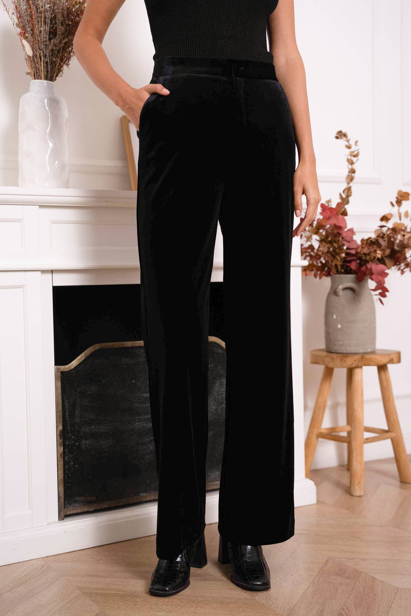 Plus Size Straight Cut Velvet Trousers: Navy Blue