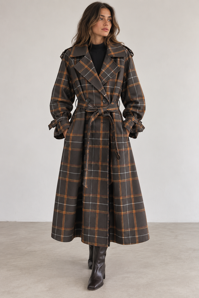 SWEET MAGIC MODA Y COMPLEMENTOS - Brown and gray tartan check coat with belt