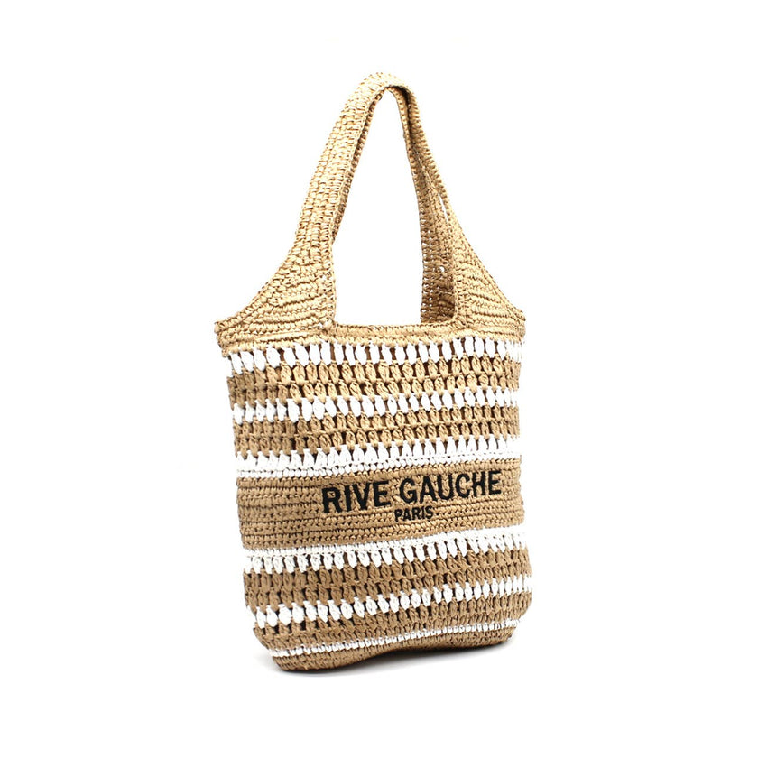 Vimoda - Woven paper bag summer Rive Gauche logo: Taupe-Fuchsia