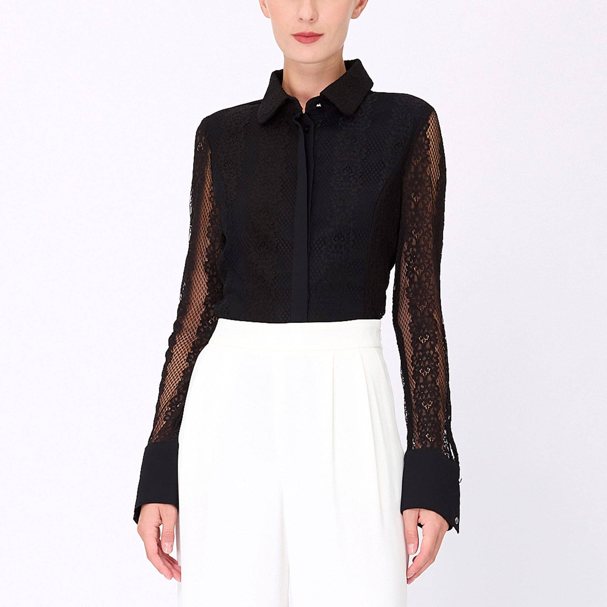 Smart and Joy - Long sleeve fitted lace blouse: White / EN 42