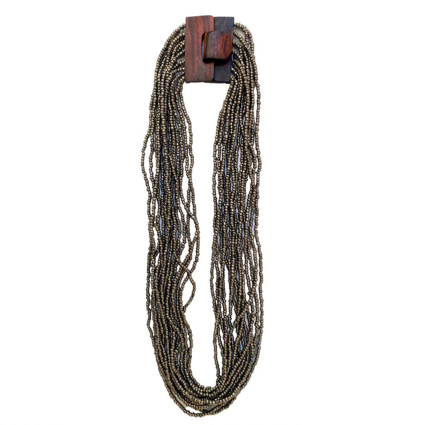 Bijondo - Glass and Wood Bead Necklace with Clasp, costume jewelry: Beige